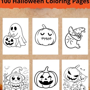 Peut inclure: Un pack d'activités imprimable contenant 100 pages de coloriage d'Halloween avec des illustrations au trait noir et blanc de fantômes, de citrouilles et de personnages avec des chapeaux de sorcière sur un fond beige texturé.