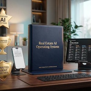 Puede incluir: Una carpeta azul oscuro titulada Real Estate AI Operating System con texto dorado, colocada sobre un escritorio junto a un teléfono inteligente en un soporte, una tableta que muestra un Q4 Deal Pipeline, un teclado y tres emblemas dorados etiquetados como AI Systems, Verified Performance y Trusted Agent Partner.