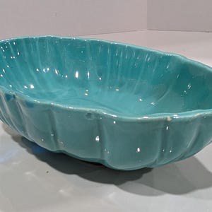 Vintage Maurice of California Turquoise Ceramic Bowl Planter | Mid Century Modern Aqua Scalloped Fluted Art Pottery Centerpiece