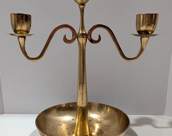 Mid-Century Modern Brass Three-Light Candelabra with Catchall Tray Dish – Vintage Japan Brass Decor