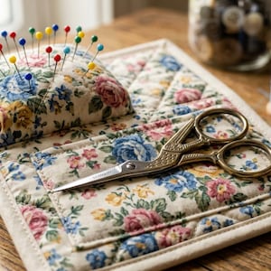 Op de afbeelding: Een gewatteerde stoffen naaiorganizer met een bloemenpatroon in blauw, roze en geel. Het bevat een vastgespeld speldenkussen gevuld met veelkleurige spelden en een vakje met een schaar van bewerkt metaal in een antieke stijl.