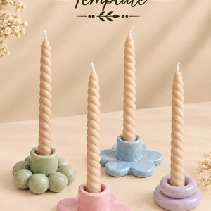 May include: Four ceramic candle holders in sage green, light blue, pink, and lavender, each holding a beige twisted taper candle. The text reads Candle Holders Template, Clay Metric, and Printable Template with a PDF icon.