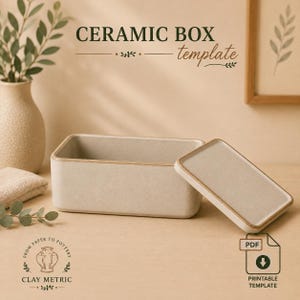 May include: A rectangular ceramic box with a matching lid, featuring a light beige matte finish and a thin brown rim. The text CERAMIC BOX template is visible at the top, with a PDF printable template icon and CLAY METRIC logo below.