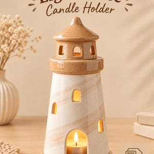 May include: A ceramic lighthouse candle holder with a tan roof and base, featuring a white body with tan diagonal stripes. The structure has multiple arched cutouts and contains a lit tea light candle. Text reads CLAY METRIC and PRINTABLE TEMPLATE.