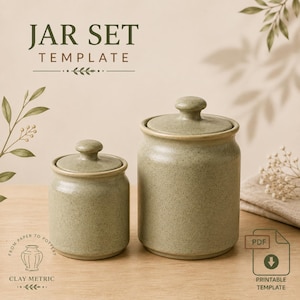 May include: A set of two sage green ceramic jars with matching lids, featuring a speckled texture. The text JAR SET TEMPLATE is displayed at the top, with FROM PAPER TO POTTERY CLAY METRIC and a PDF PRINTABLE TEMPLATE icon visible.