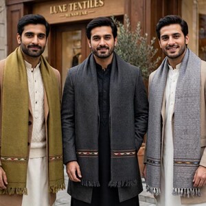 May include: Three individuals wearing long coats and scarves. The left wears a tan coat with an olive scarf, the center a charcoal coat with a dark gray scarf, and the right a tan coat with a light gray scarf. Each scarf features a geometric pattern.