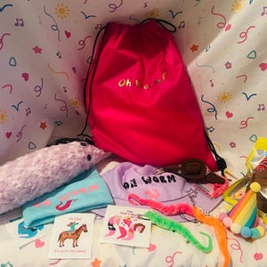 May include: A collection of novelty items, including a pink drawstring bag with "Oh worm!" text, a plush worm, a purple hat, and colorful worm toys. Also included are cards with worm-related illustrations and a party hat.
