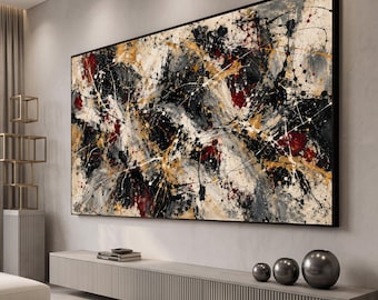 Abstract Splatter Canvas Art, Black Red Gold Modern Wall Decor