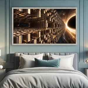 May include: A rectangular wall art print featuring a futuristic, golden-toned architectural structure composed of repeating cubic blocks extending into a deep space void, with a bright, glowing light source emanating from a dark, circular cosmic abyss.