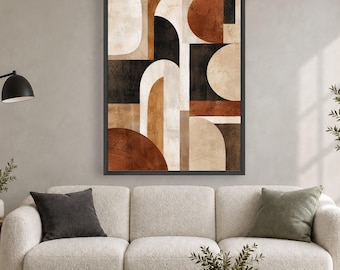 Warm Earth Tone Geometric Canvas, Abstract Modern Wall Art, Brown Beige Black Shapes, Minimalist Home Decor, Rectangular Canvas Print