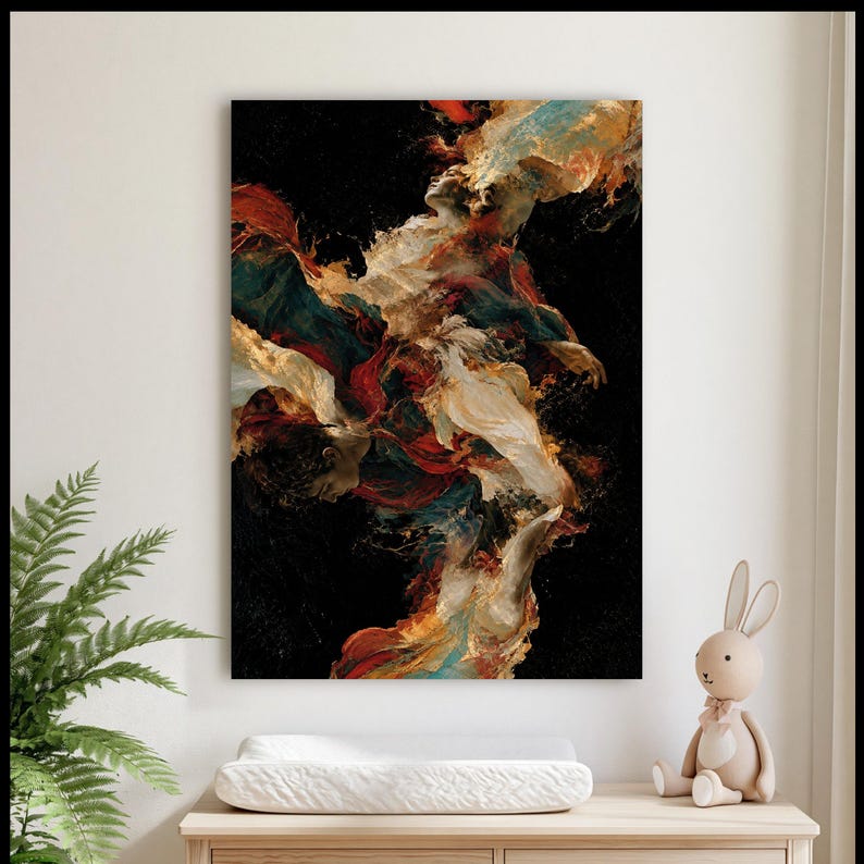 Abstract Dance Figures Canvas, Colorful Flowing Fabric Art, Modern Wall Decor image 1