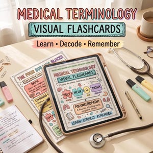 May include: A digital tablet and printed paper displaying Medical Terminology Visual Flashcards with educational diagrams, accompanied by a stethoscope, highlighters, and a pen on a desk. The text reads Medical Terminology Visual Flashcards.