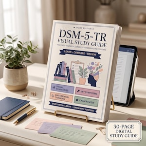 May include: A DSM-5-TR Visual Study Guide book on a gold metal stand. The cover features the title, illustrations of books, a clipboard, a potted plant, and a human head profile. It includes sections for visual summaries, key symptoms, differential thinking, and exam review. A separate label reads 30-page digital study guide.