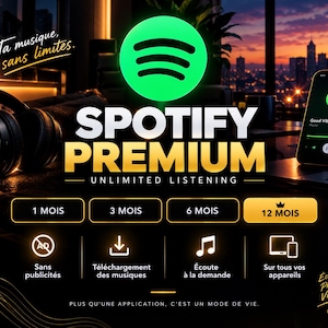 May include: A Spotify Premium promotional graphic featuring the green logo, the text Spotify Premium Unlimited Listening, and options for 1, 3, 6, and 12 months. Icons represent ad-free, downloads, on-demand listening, and multi-device support.