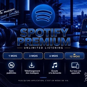 Pode incluir: Um gráfico promocional em tons de azul para o Spotify Premium com o texto "Ta musique, sans limites", "SPOTIFY PREMIUM", "UNLIMITED LISTENING", durações de assinatura de 1, 3, 6 e 12 meses e ícones para uso sem anúncios e offline.