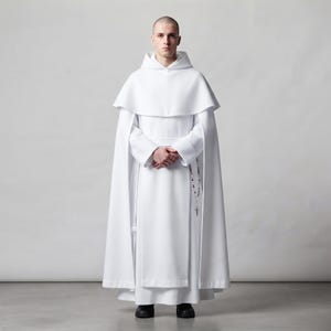 Op de afbeelding: Een wit religieus gewaad van volledige lengte met een cape met capuchon, lange mouwen en een rok tot op de grond. Een rozenkrans met donkere kralen en een zilveren kruisbeeld hangt aan de taille. Het kledingstuk is gemaakt van effen witte stof.