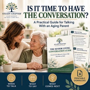 May include: A digital guide titled The Senior Living Conversation Guide by Steady Chapter. The cover features a tree logo and text about talking with an ageing parent. Includes sections on when to talk, what to say, and what comes next. Printable download.