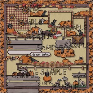 May include: A digital collage featuring a fall theme with pumpkins, black cats, and a scarecrow. The collage includes various frames, signs, and text elements, such as "Please Enter", "Tag Me", and "Welcome".