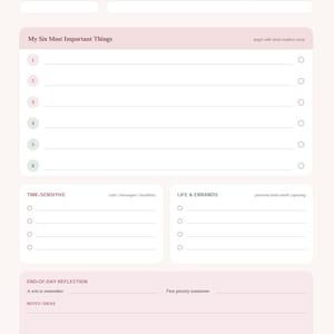 Puede incluir: Una página de planificador diario de color rosa claro titulada Daily Focus con secciones para fecha, intención del día, las seis cosas más importantes, tareas urgentes, vida y recados, y reflexión de fin de día con espacio para notas.