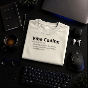 May include: A light-coloured t-shirt featuring the black text Vibe Coding, noun, [vib 'kōd-ing], 1. Shipping code you didn't write, don't understand, and are too scared to touch. The shirt is surrounded by a black notebook, pen, coffee mug, glasses, keyboard, mouse, and earbuds.