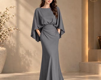 Elegancka sukienka maxi typu kaftan, dekolt w serek, rękawy typu nietoperz, suknia wieczorowa z marszczeniami w talii