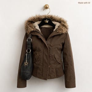 Peut inclure: Une veste marron avec une capuche bordée de fausse fourrure et une doublure intérieure claire. La veste présente une fermeture à boutons sur le devant, deux poches latérales et un ourlet côtelé. Un sac à main noir avec une breloque étoile est suspendu.