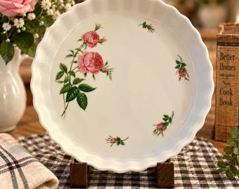 Vintage Pink Rose Serving Dish Scalloped White Porcelain Bowl 10” Cottagecore Floral Tableware
