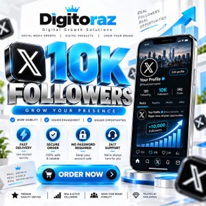 Puede incluir: Un gráfico de marketing digital para Digitoraz con el texto 10K FOLLOWERS, un teléfono inteligente que muestra un perfil de red social con 10,000 seguidores y un botón ORDER NOW. El diseño usa tonos azules y negros con iconos.