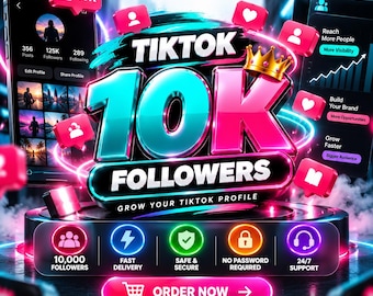 May include: A digital marketing graphic for TikTok growth featuring the text 10K FOLLOWERS in large pink and blue letters with a gold crown. It includes icons for fast delivery, secure service, no password required, and 24/7 support with an ORDER NOW button.