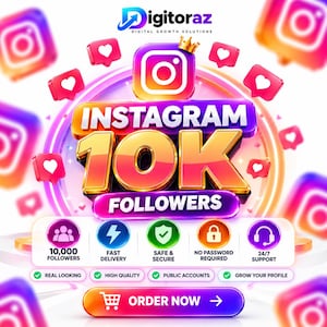 Puede incluir: Un gráfico digital que presenta el logotipo de Digitoraz y el texto Instagram 10K Followers en letras 3D doradas y moradas. El diseño incluye iconos de corazones flotantes, una pequeña corona y una fila de iconos de servicio con el texto Order Now.