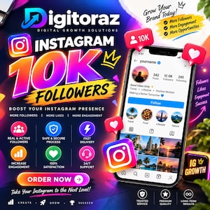 May include: A digital marketing graphic for Instagram growth services featuring a smartphone displaying a profile with 10K followers. The design includes neon text, social media icons, and bullet points highlighting services like real followers and 24/7 support.