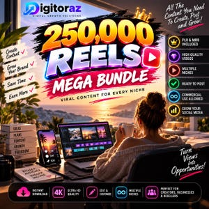 Op de afbeelding: Een advertentie voor een digitaal pakket met de tekst 250,000 REELS MEGA BUNDLE. De afbeelding bevat een laptop, een smartphone met sociale media statistieken en een stapel boeken met de labels IDEAS, PLANS, CONTENT, GROWTH, FREEDOM.