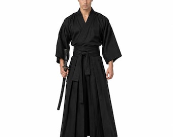 Japanese Black Samurai Kimono Robe, Handmade Traditional Ninja Hakama Pants, Martial Arts Kendo Uniform Jacket, Ronin Cosplay Costume Coat