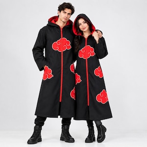 Handmade Black Hooded Long Coat, Red Cloud Pattern Unisex Costume Jacket