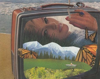 Impresión surrealista de collage de papel recortado a mano, 8x10 pulgadas, arte mural de bellas artes.