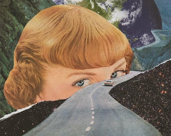 Impresión de collage surrealista de vigilancia cósmica, 8" x 10"