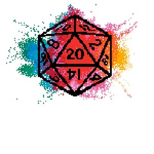 May include: A red twenty-sided die with black numbers is surrounded by a colorful splatter of paint.