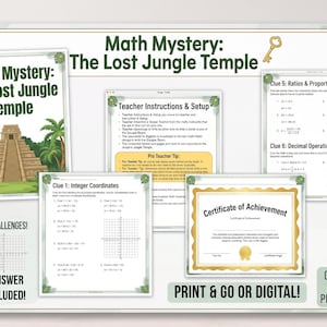 Puede incluir: Un conjunto educativo Math Mystery: The Lost Jungle Temple que incluye instrucciones para el profesor, hojas de trabajo sobre coordenadas enteras, razones, proporciones y operaciones decimales, un certificado de logro y una tableta digital.