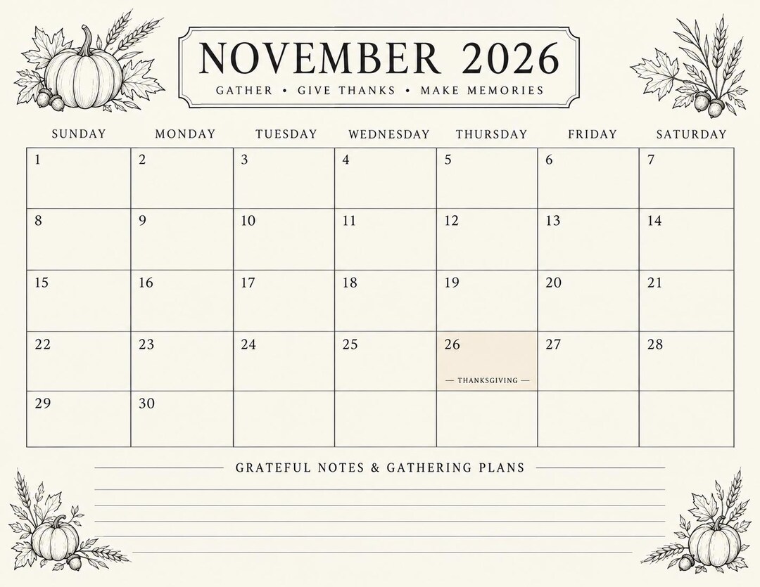 Thanksgiving-Kalender November 2026 zum Ausdrucken, Herbstplaner