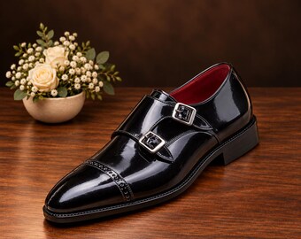 Zapatos negros de doble hebilla - Brogue de cuero brillante hecho a mano con puntera reforzada
