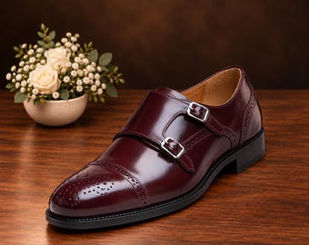 Burgundy Double Monk Strap Shoes - Handmade Leather Perforated Cap Toe