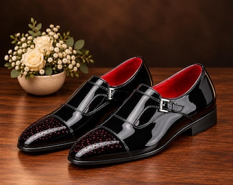 Black Monk Strap Shoes - Handmade Glossy Leather Red Brogue Toe