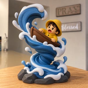 May include: A figurine of a cartoon character in a yellow raincoat and hat sitting in a small brown boat. The boat is caught in a swirling blue and white wave sculpture that rises from a base of dark gray rocks. The character has a surprised expression.