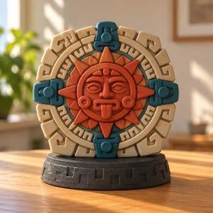 May include: A circular stone-like sculpture featuring a central orange sun face with a protruding tongue, surrounded by a beige geometric border with blue accents. The entire piece is mounted on a solid black circular base with carved patterns.