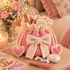 Puede incluir: Una bolsa de ganchillo rosa con cordón, que presenta un gran lazo de color crema en la parte delantera y dos pequeños dijes en forma de corazón colgando de los cordones. La bolsa contiene objetos personales pequeños como brillo labial y auriculares.