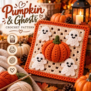 May include: A square crochet granny square featuring a central 3D orange pumpkin with a green stem, surrounded by four small white ghost appliques with black eyes and mouths. The border is orange, and the text reads Pumpkin & Ghosts CROCHET PATTERN.