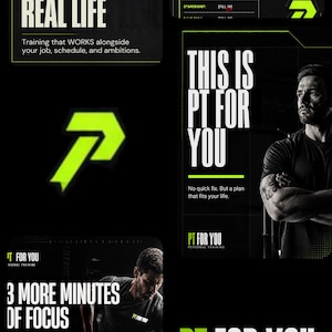 Può includere: Un collage digitale di grafiche a tema fitness con fotografie in bianco e nero di una persona che si allena. Il testo include "STRONGER IN REAL LIFE", "RESULTS COME FROM THE PROCESS", "THIS IS PT FOR YOU" e "3 MORE MINUTES OF FOCUS" con un logo verde neon.