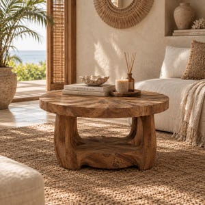 May include: A round, low-profile coffee table crafted from light brown wood with a visible grain pattern. The table features a thick, circular top supported by a sturdy, integrated base with four curved legs and a central lower shelf.