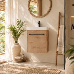 May include: A wall-mounted bathroom vanity cabinet with a light wood grain finish, a white rectangular sink basin, and a matte black faucet. The cabinet features a single door with a thin, horizontal black metal handle centered on the front.