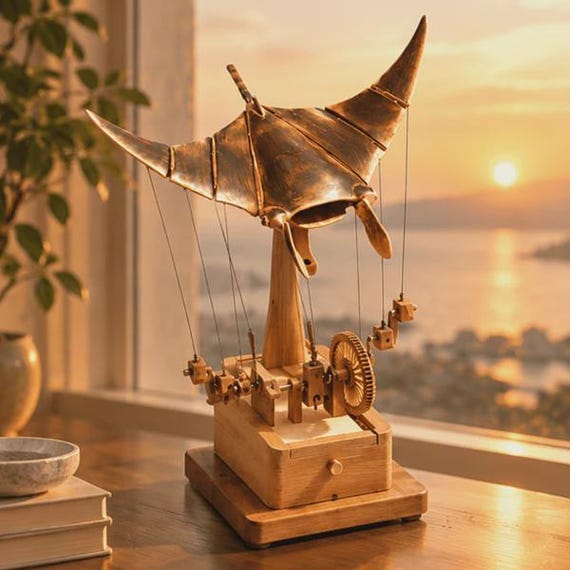 A hand-cranked wooden automata where a manta ray actually 'flies' through the air — pure kinetic poetry carved from wood by a real craftsperson.